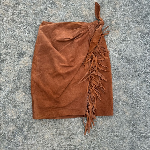 Brown Suede leather Fringe Skirt - Picture 1 of 5